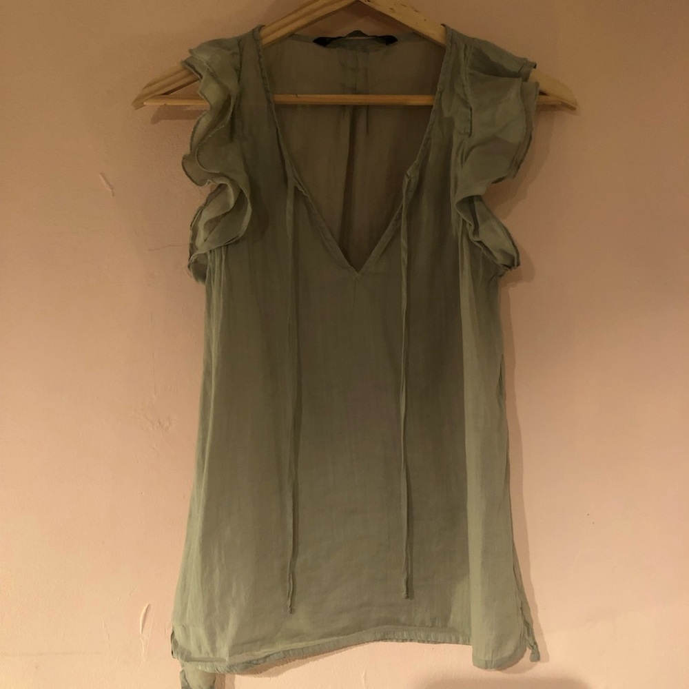 ZARA Sage Green Ruffle Sleeveless Cotton Blend Top Sheer Spring Mint Y2K